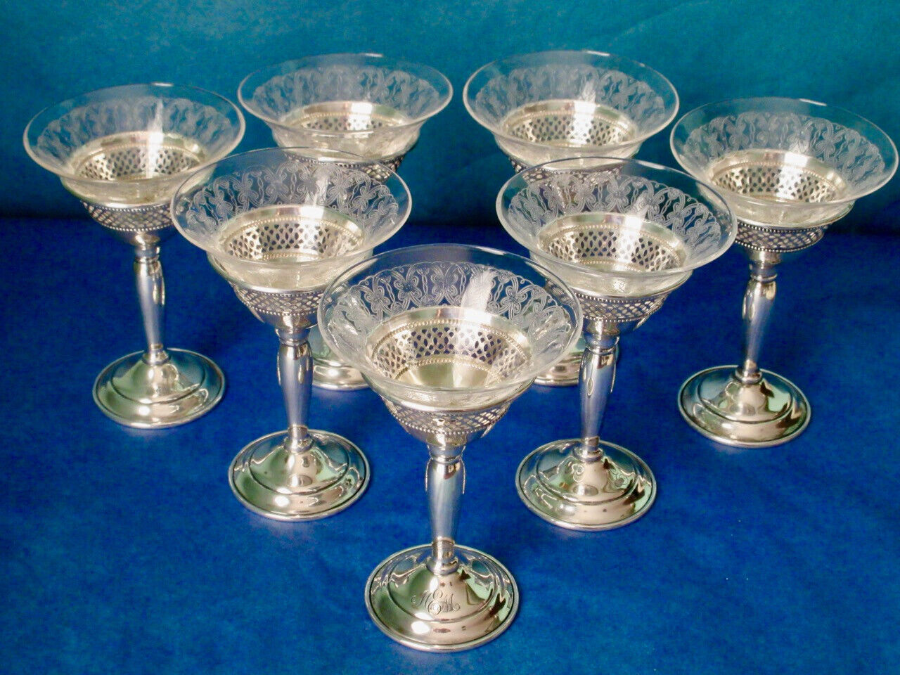 ELGIN Sterling Silver Clear Etched Glass Wine Glasses American Antique Set of 7