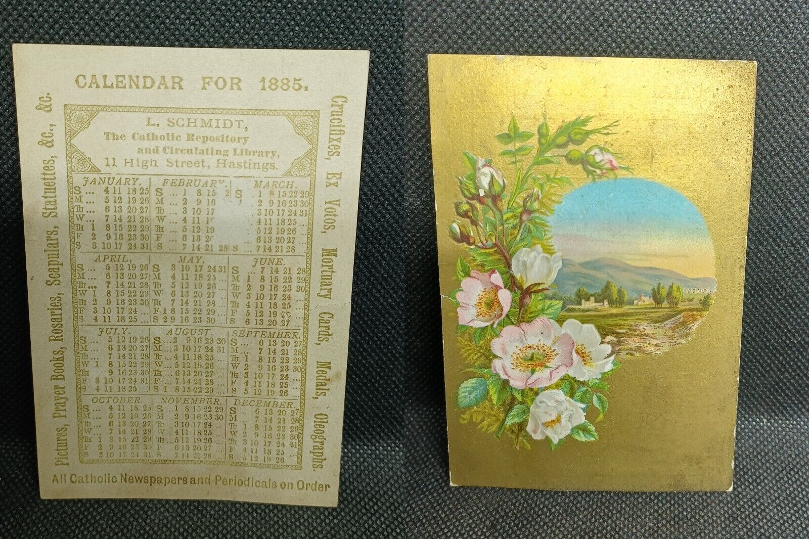 Antique Victorian 1885 Calendar Trade Card Catholic Repository Hastings