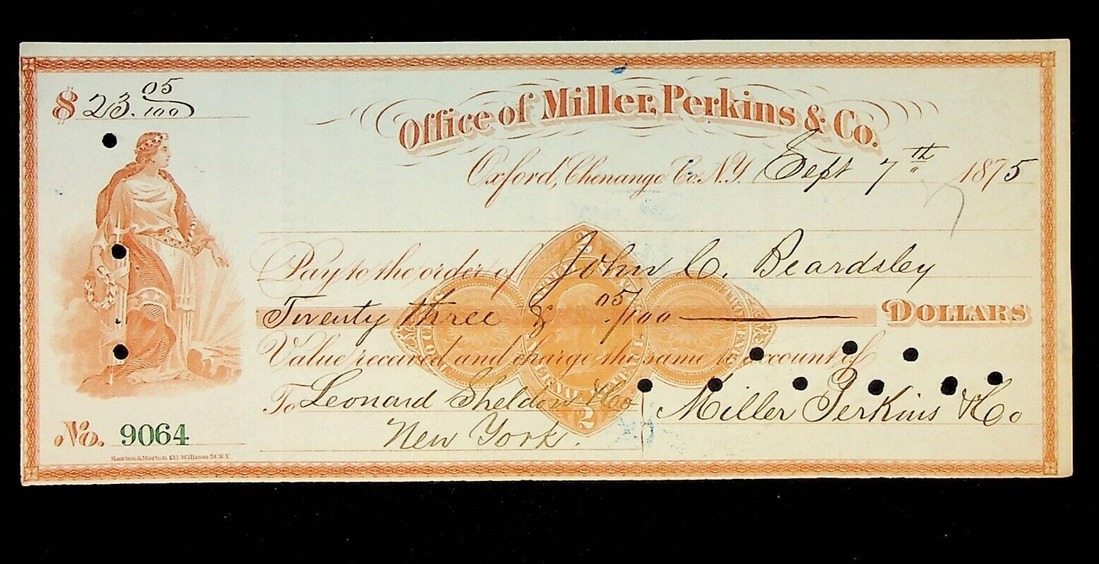 1875 Ornate Check, Miller, Perkins & Co, Oxford NY New York, Leonard Sheldon Co