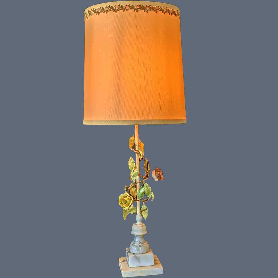 Vintage 1960s Berger Tole Floral Lamp with Marble Base,  Matching Original Shade