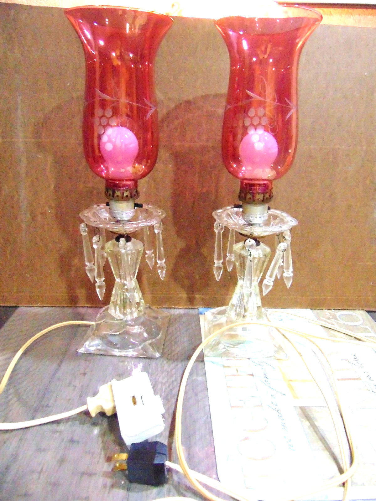 Nice Pair of Tall Vintage Table Light w Cranberry  Grape Shades and Glass Prisms