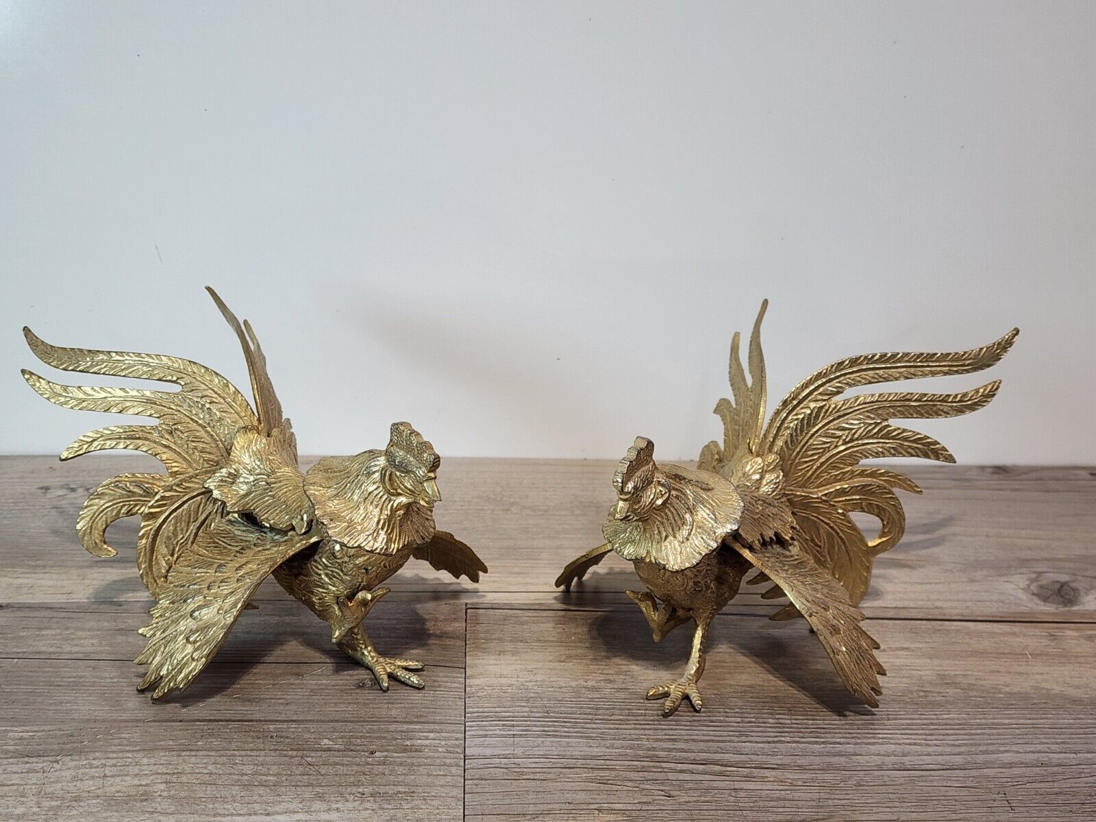 Pair of Vintage Brass Fighting Roosters Cocks
