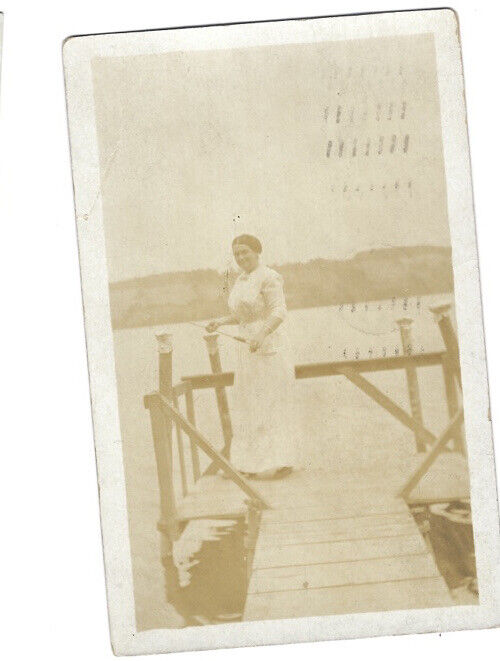c.1913 Lady Standing On Pier RPPC Real Photo Postcard POSTED