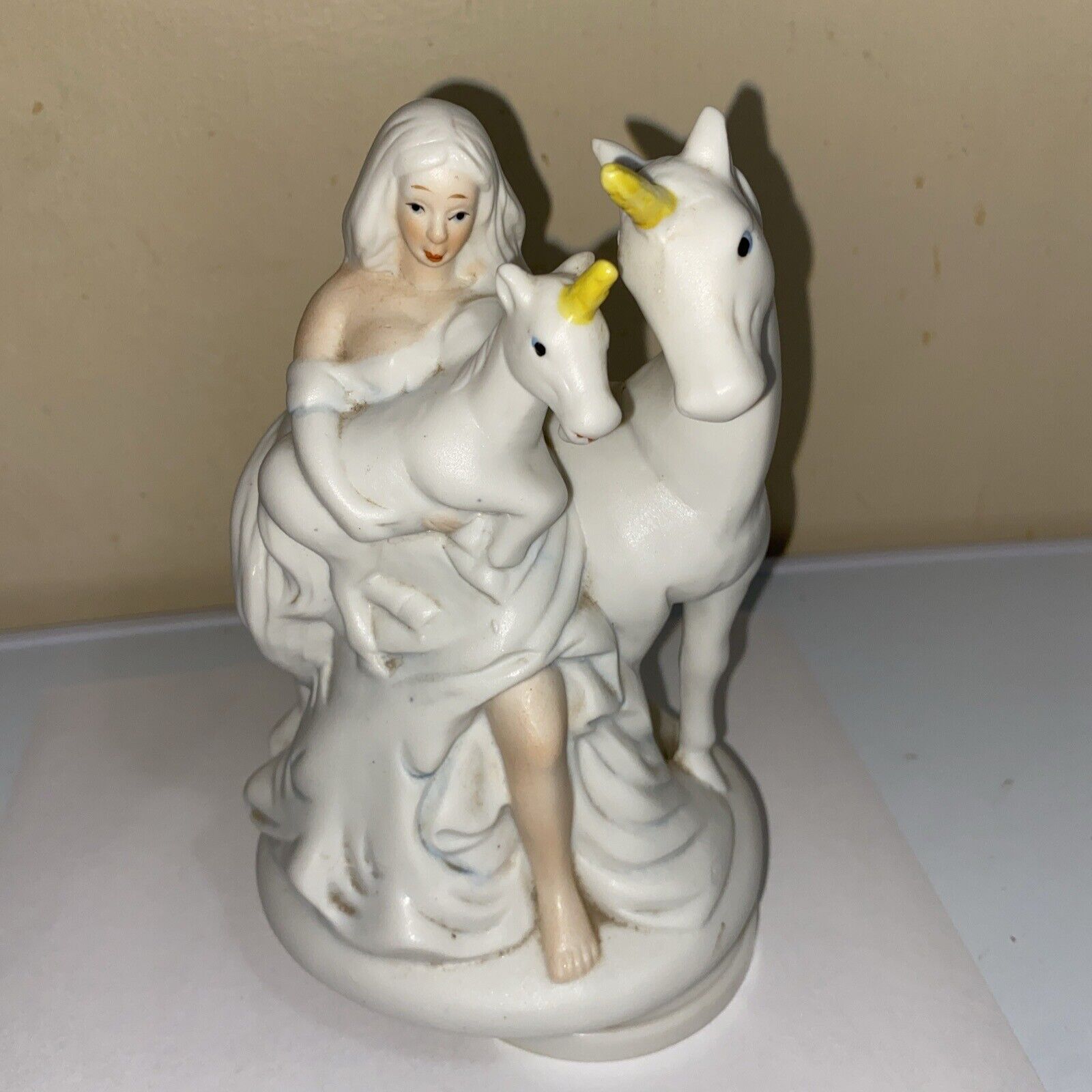 Vintage Unicorn & Baby Foal Maiden Girl Music Box Bisque Porcelain White Works