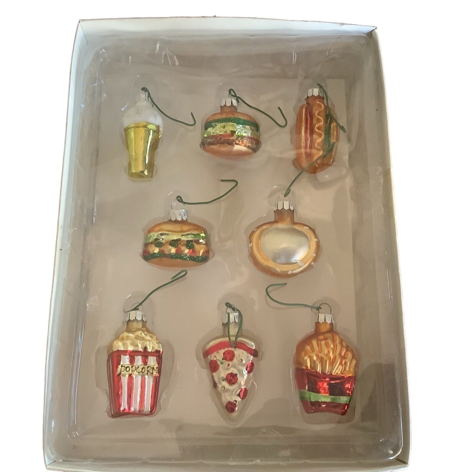  Mini Fast Food Pretzel Pizza Popcorn Hot Dog Hamburger Glass Ornaments Set of 8