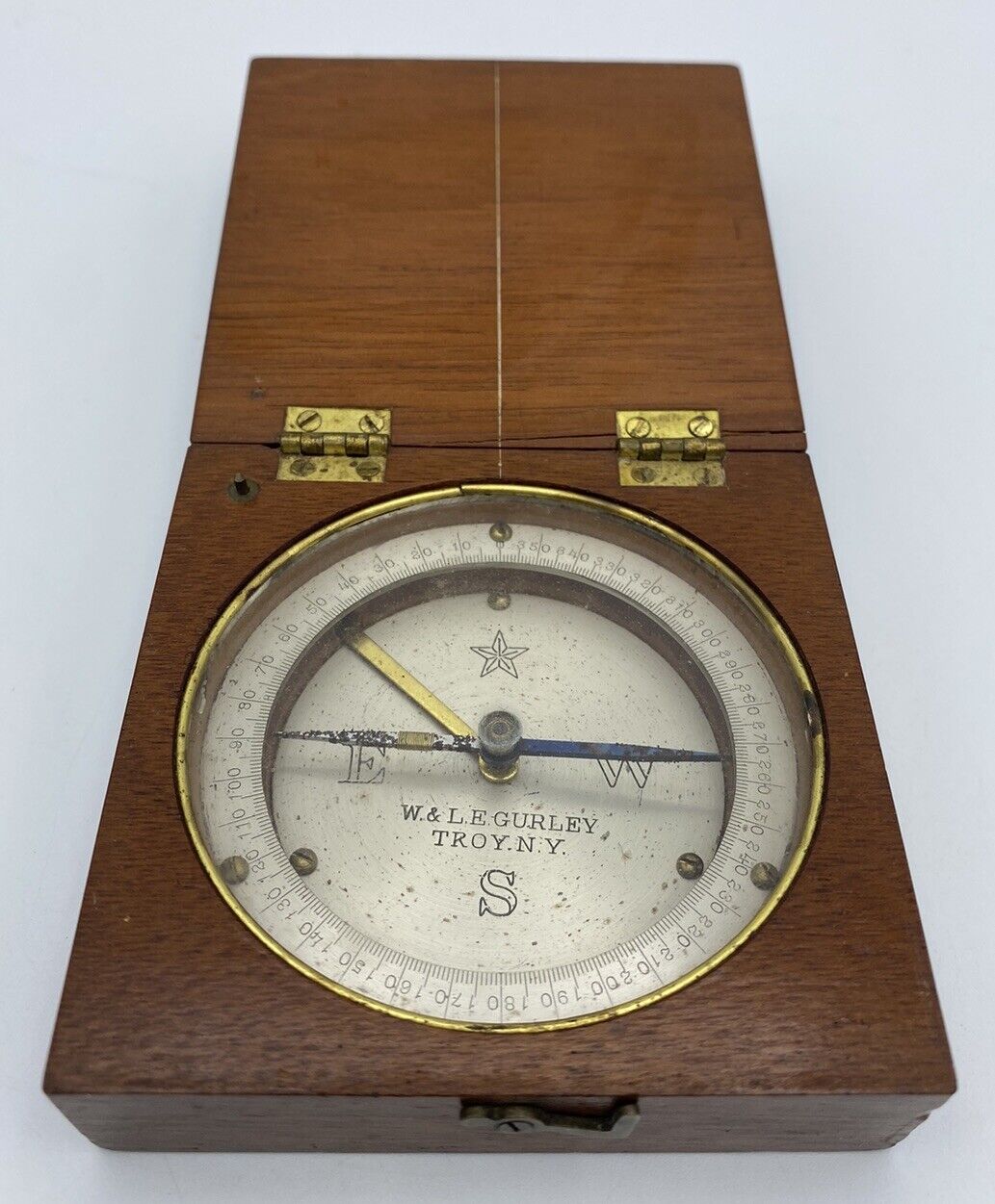 Vintage/ Antique W & L.E. GURLEY Compass In Wood Box Engineer Surveyor TROY N.Y.