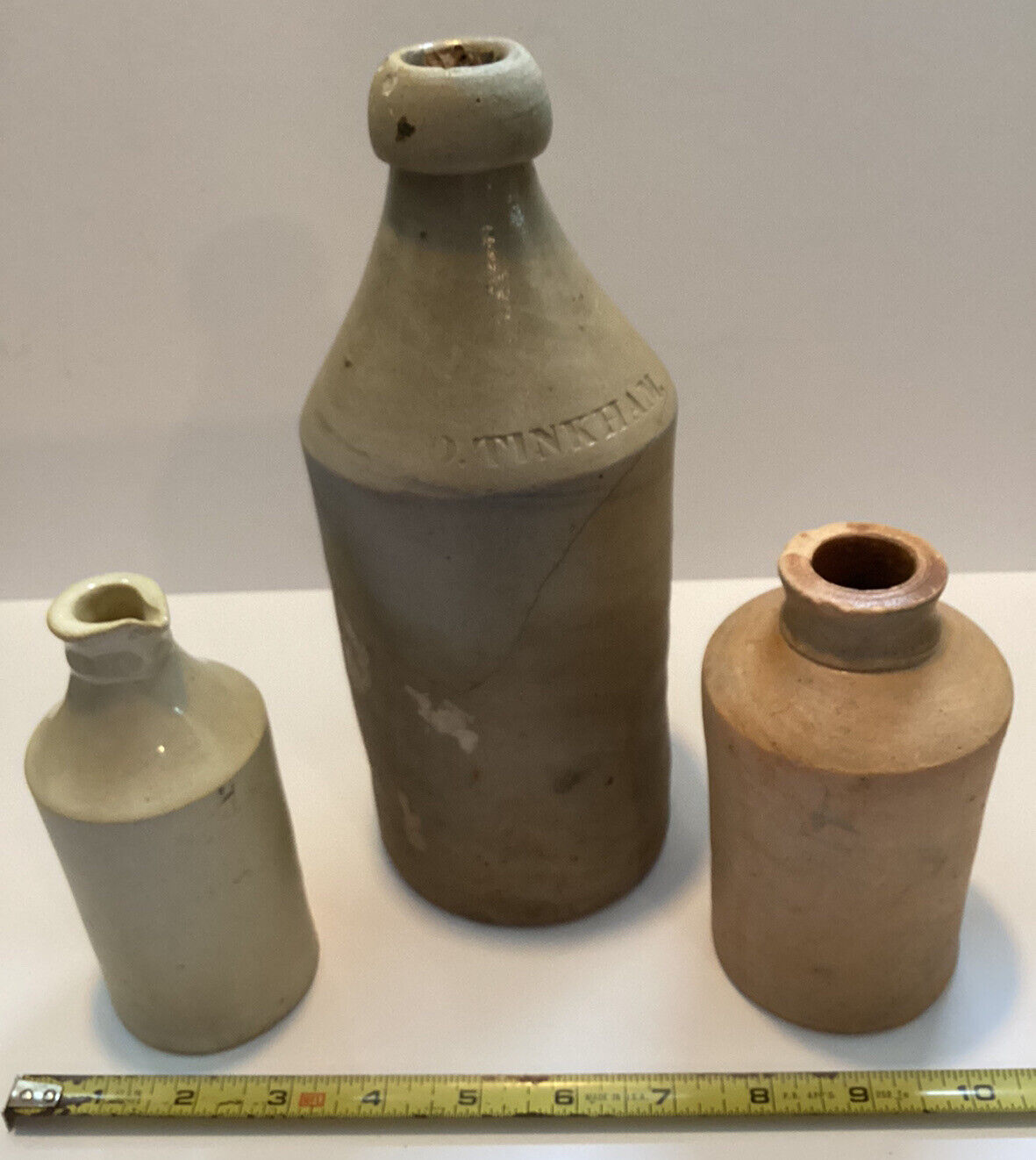 O. Tinkham Root Beer_plus 2 Salt Glazed Stoneware Bottles_Circa 1848_Exc