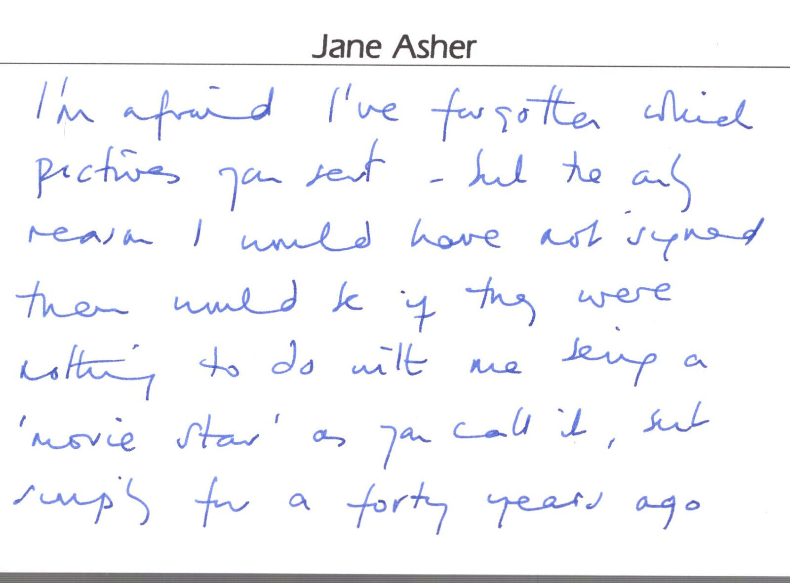 JANE ASHER HAND SIGNED+HAND WRITTEN 4x6 NOTE+COA        PERSONAL NOTECARD
