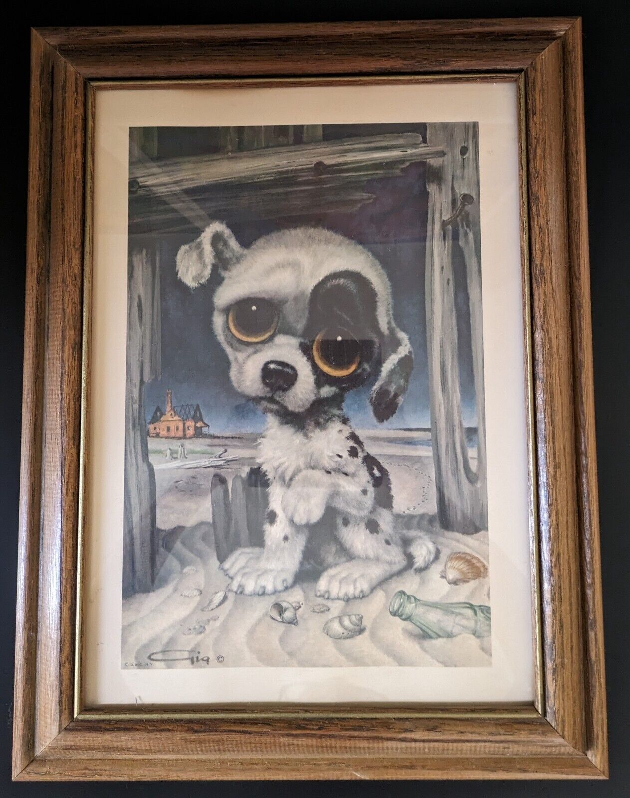 Vintage Framed Pity Puppy picture By Gig -  Sad Big Eyed Dog 