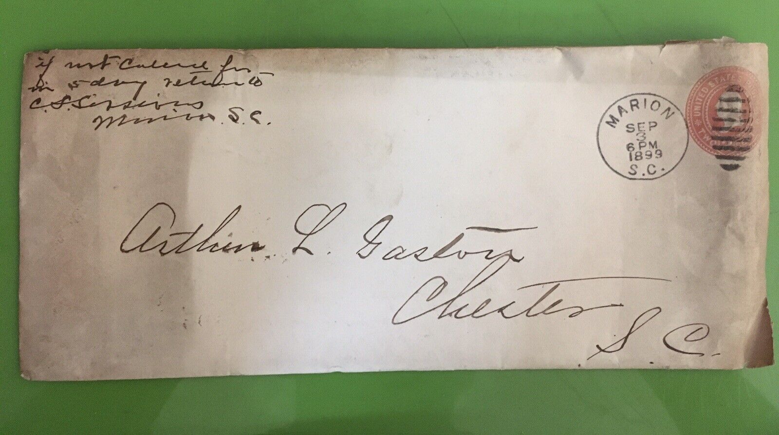 1899 Marion SC to Chester SC Cover & Letter from CS Sessions 