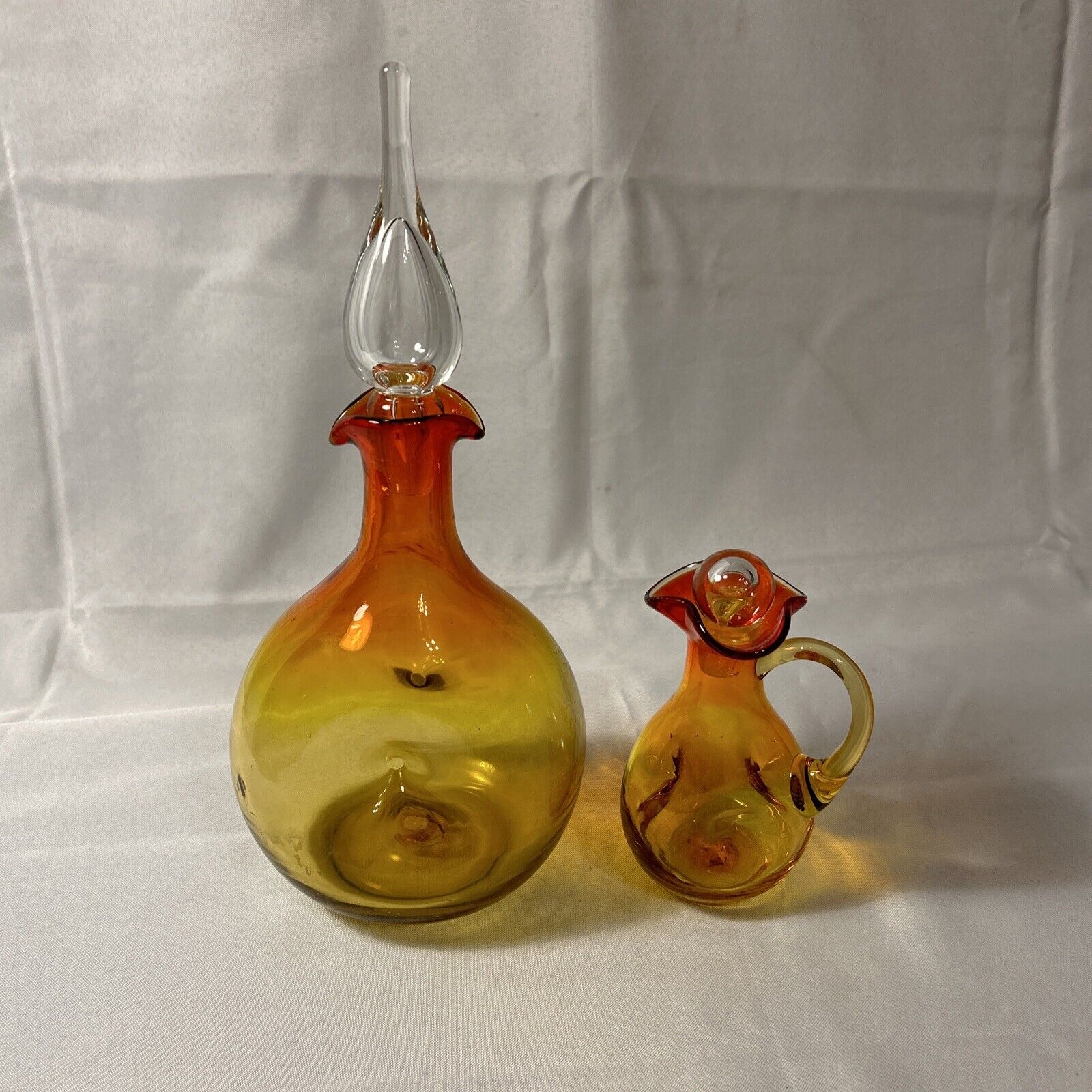 Antique Decanter Set Of 2 In Multi Sunburst Colors Uniquely Shaped With Stoppers