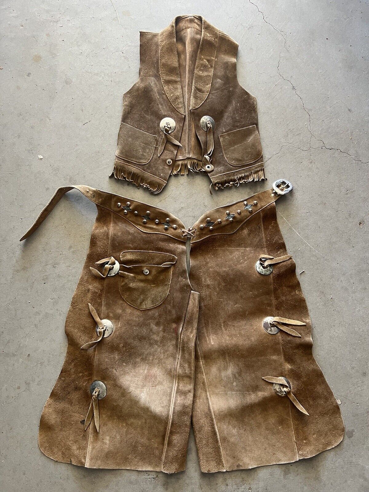 Vintage Western Kids Leather Cowboy Chaps & Fringed Vest