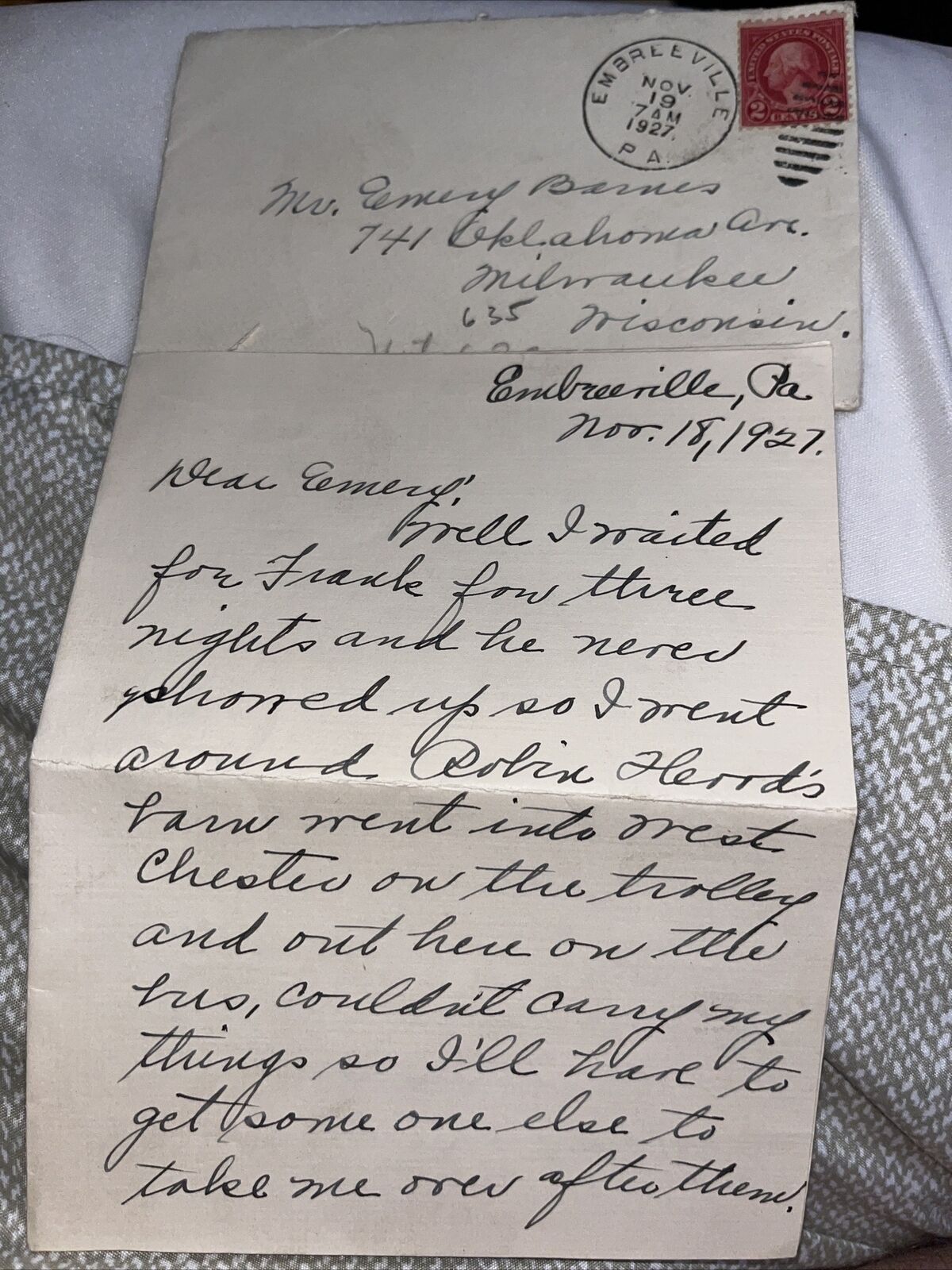 Antique 1927 Letter from Embreeville PA Mentions Trolley into West Chester
