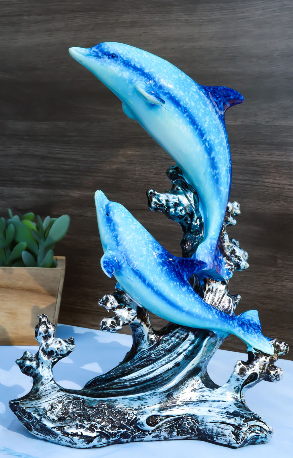 Nautical Marine Sea Ocean 2 Blue Dolphins Leaping Out Of The Reef Waves Figurine