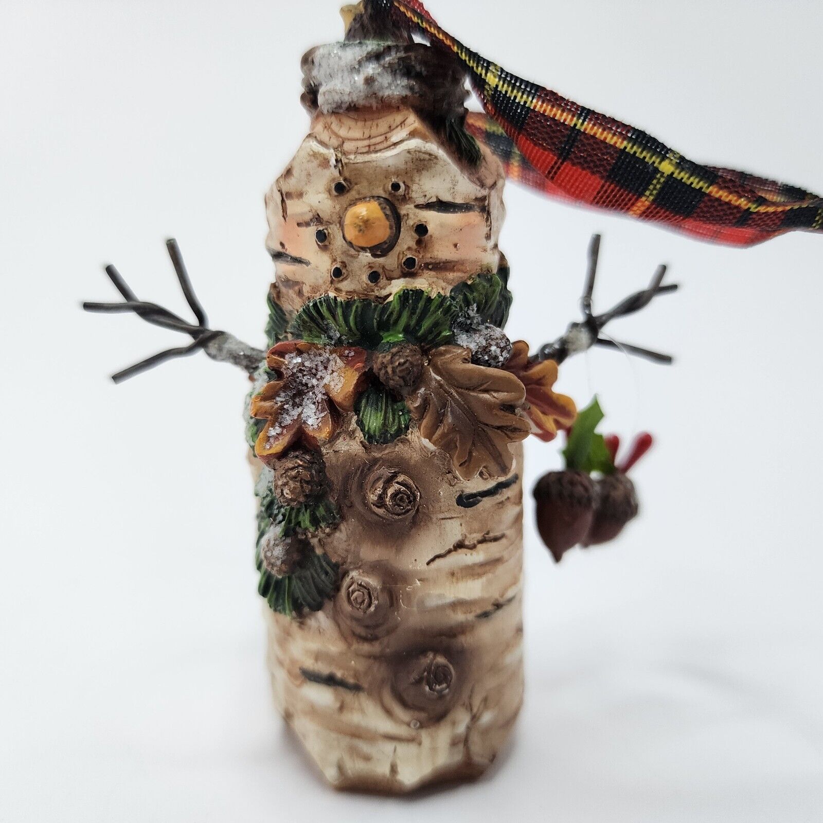 Rustic Log Snowman Holding Acorns and Holly Heavy 4\
