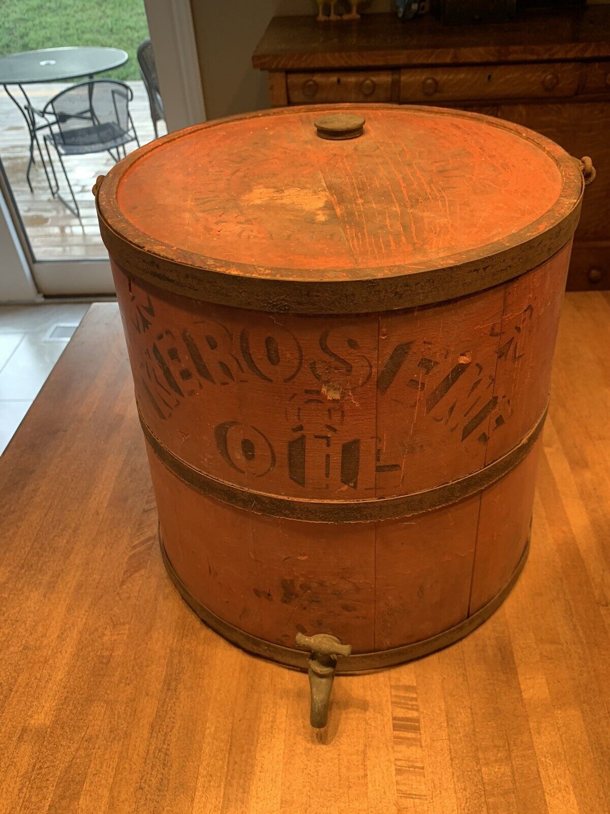 Antique Kerosene Oil Can - Dispenser - Stenciled Wood - Farm - Country Display