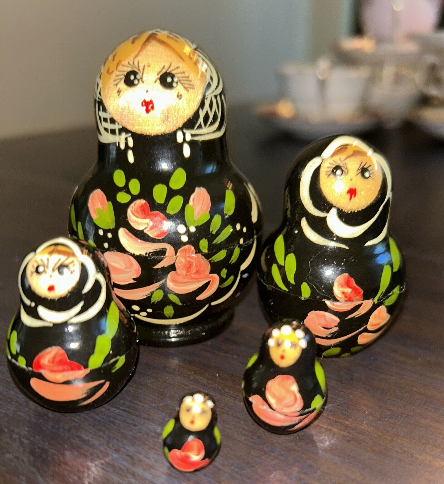 Vintage Wooden Russian Nesting Dolls Hand Painted 5 Piece  Floral Beautiful
