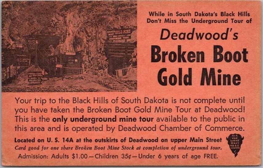 DEADWOOD, South Dakota Postcard BROKEN ROOT GOLD MINE Black Hills Mining c1950s