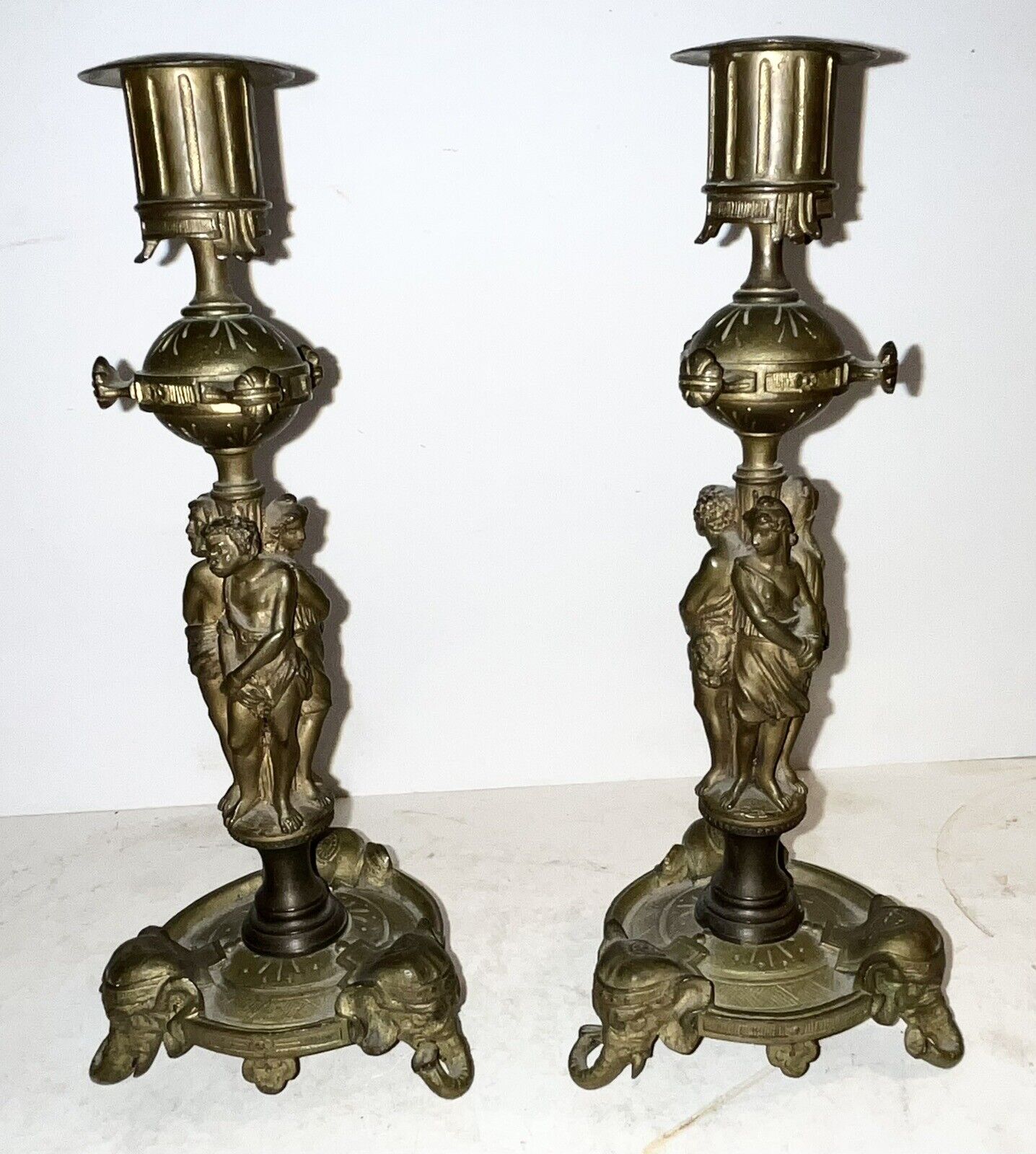 Antique Bronze Candlesticks Figural Chained Slaves on Columns 19th C. Very Fine