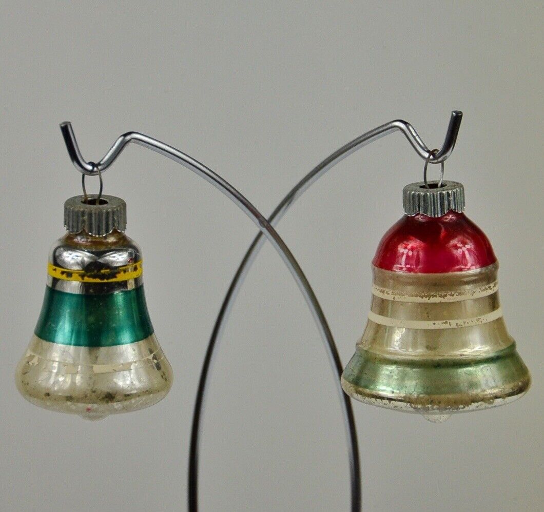 2 Vintage Shiny Brite Striped Mercury Glass Bell Christmas Ornaments