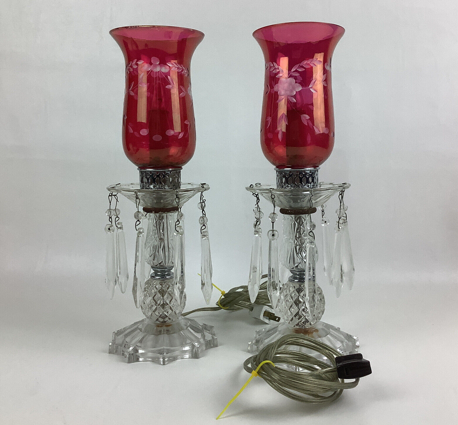 Pair Antique Electric Cranberry Table Lamps with Glass Crystal Prisms 13.5”