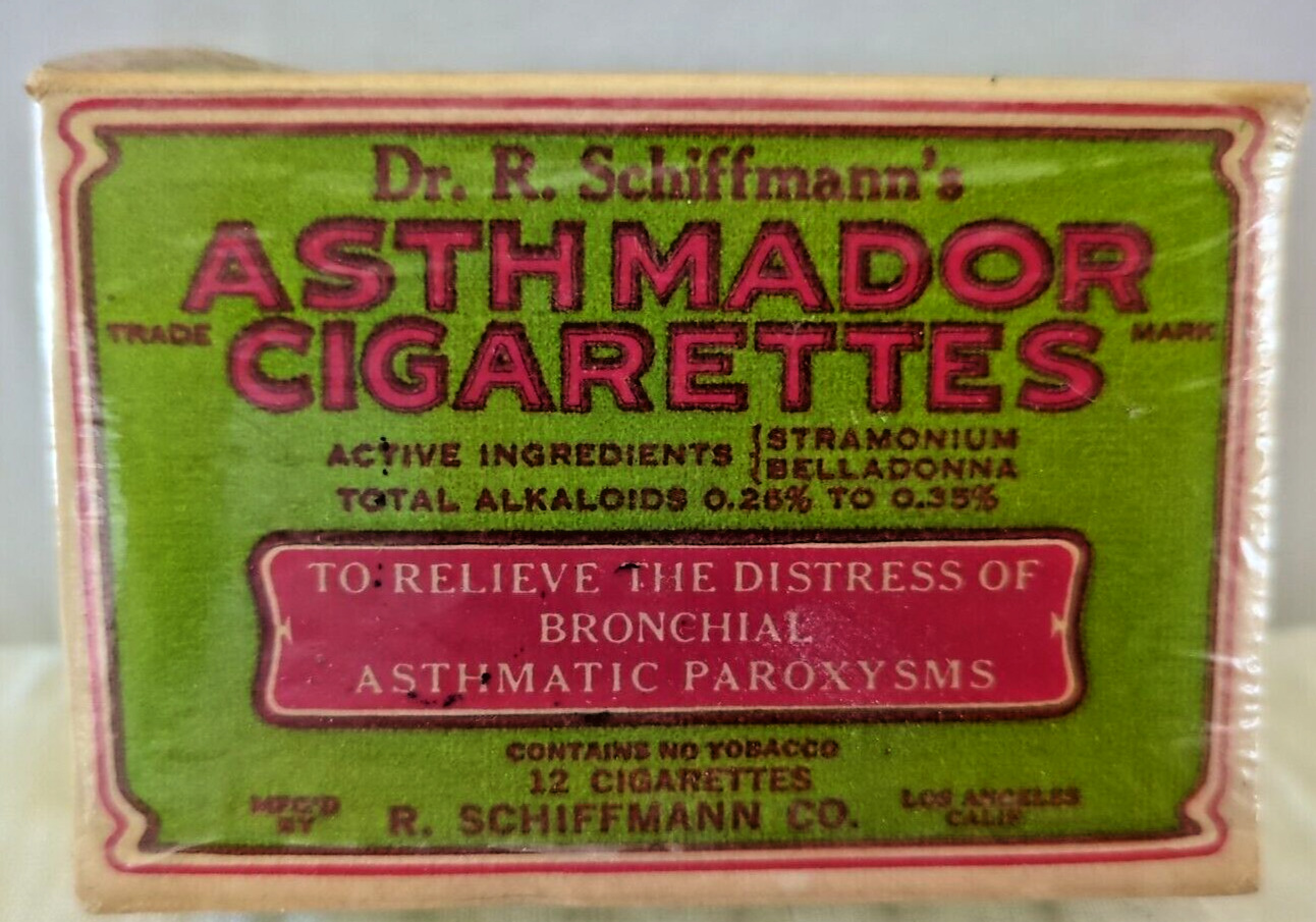 Vintage Dr R Schiffmann\'s Asthmador Asthma BRONCHIAL AID Advertising Box EUC