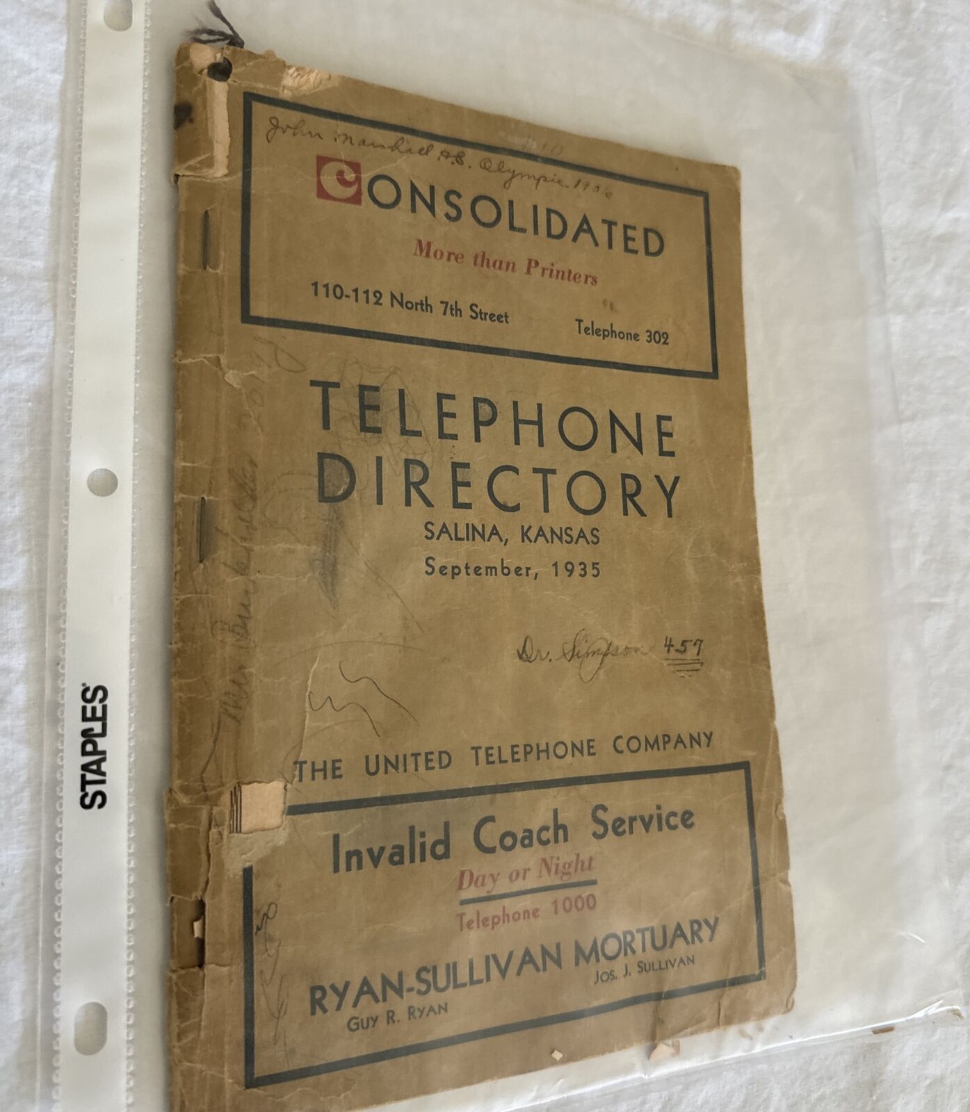 1935 SALINA KANSAS TELEPHONE DIRECTORY BOOK - The United Telephone Company RARE