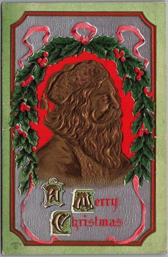 Vintage 1910s MERRY CHRISTMAS Embossed Postcard SANTA CLAUS Profile / Sander
