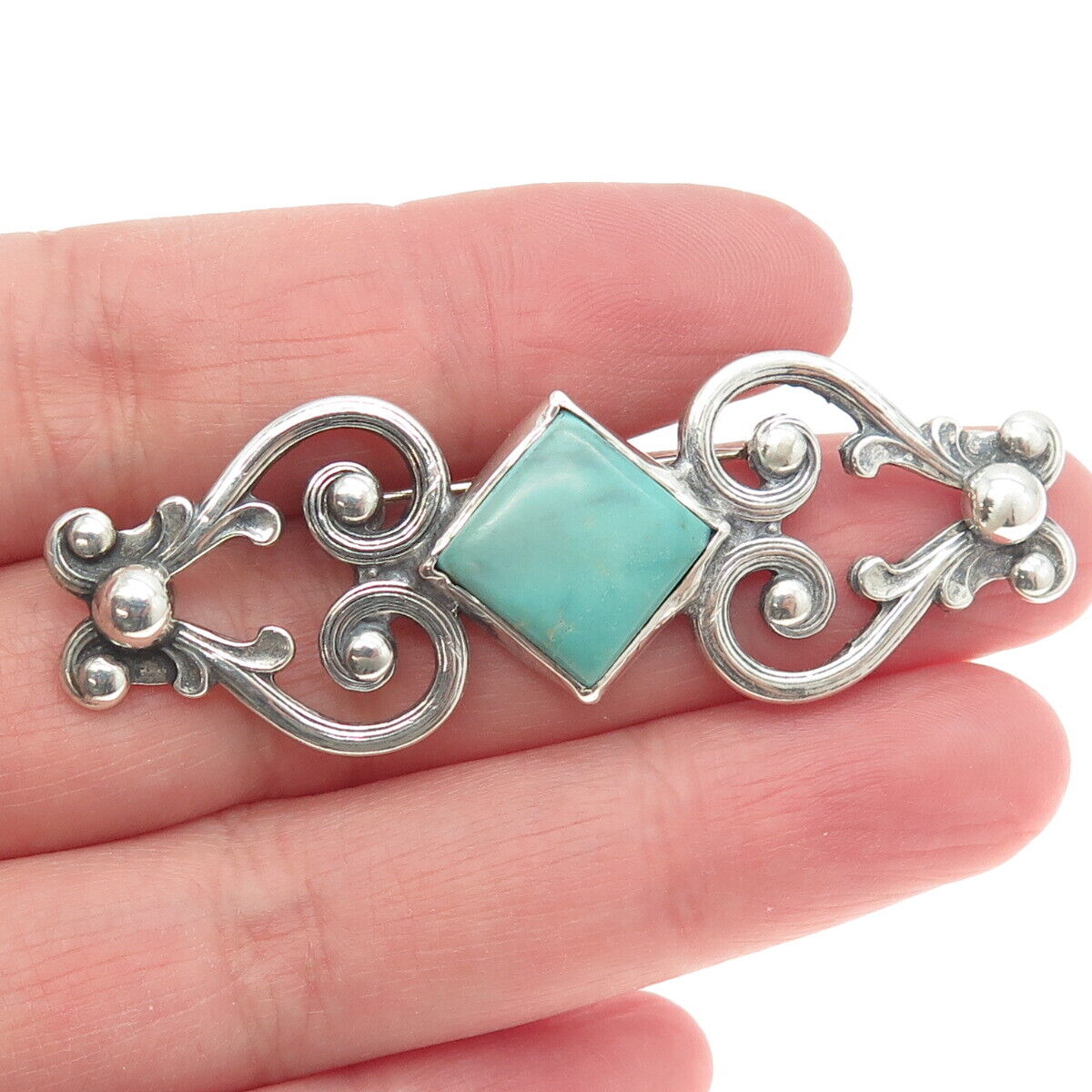 Old Pawn Navajo 925 Sterling Silver Vintage Lone Mountain Turquoise Heart Brooch