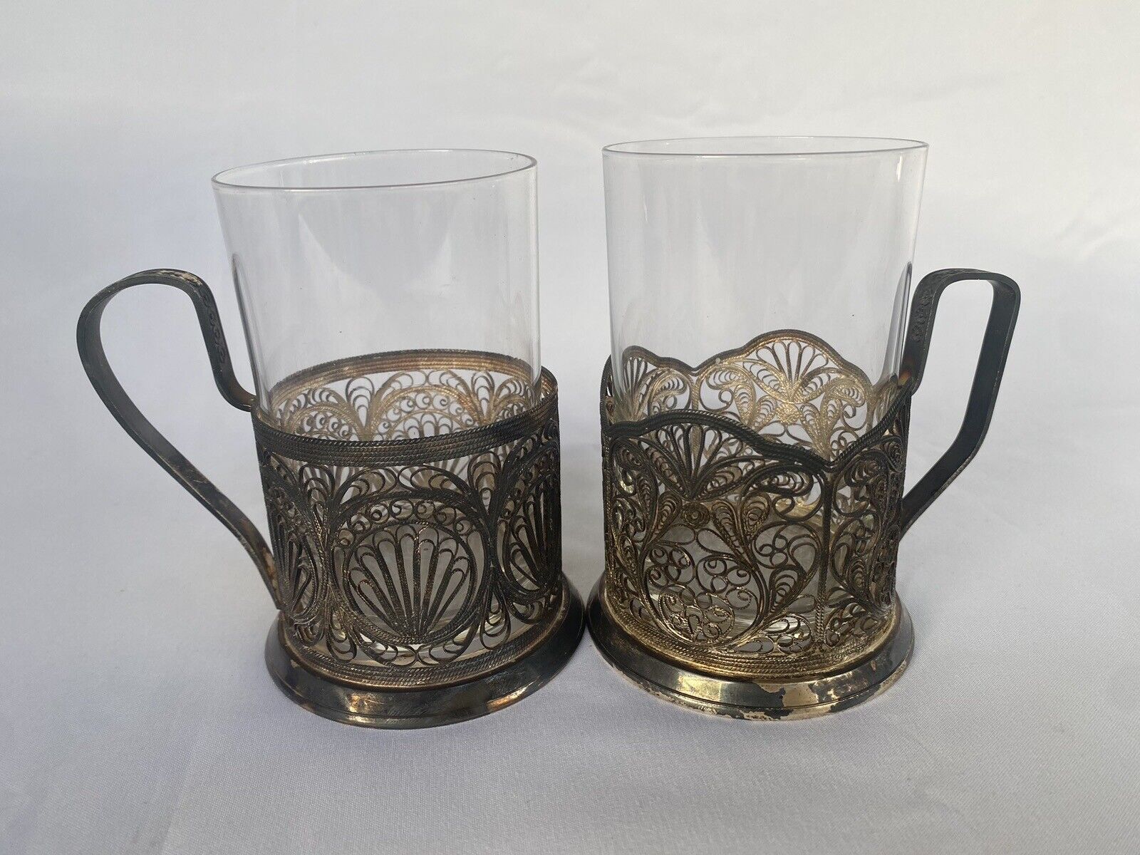 PODSTAKANNIK silvered Color filigree PEACOCK TAIL Tea Glass Cup holders Lot Of 2
