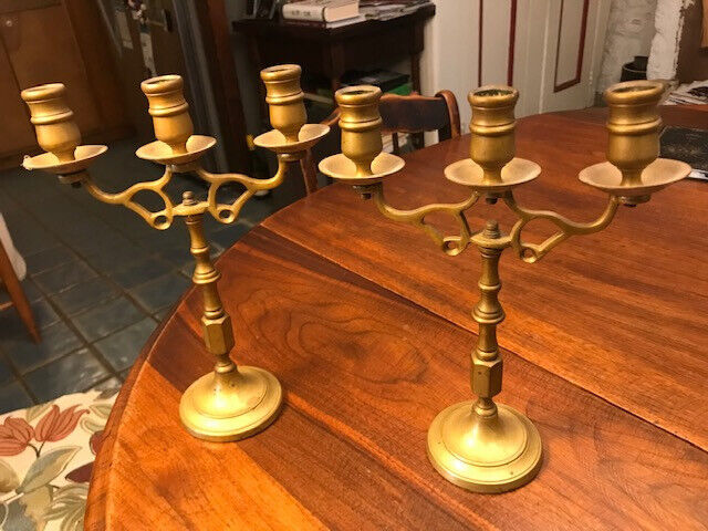 Pair of Two 9 3/4 inch Three Candle Brass Candelabras