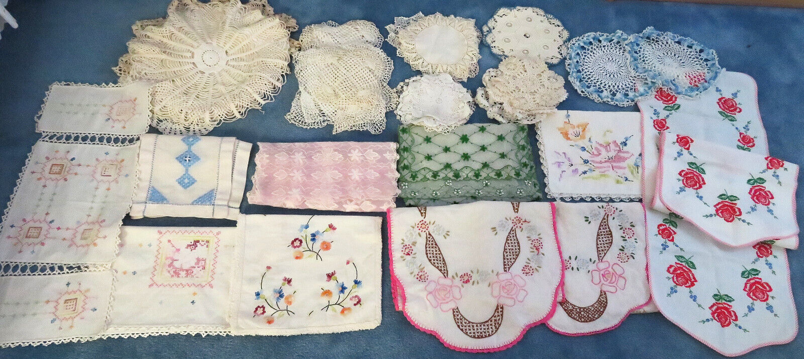 vintage Lot 50 hand-crochet DOILIES & 10 hand-embroidered RUNNERS fresh & clean
