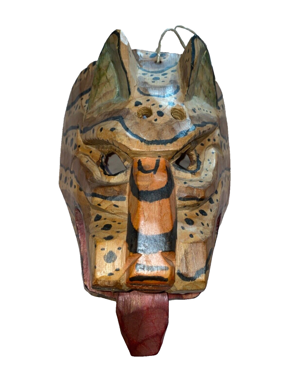 Hand Carved Wooden Jaguar Leopard Head Folk Art Animal Mask Missing Tooth 10.8