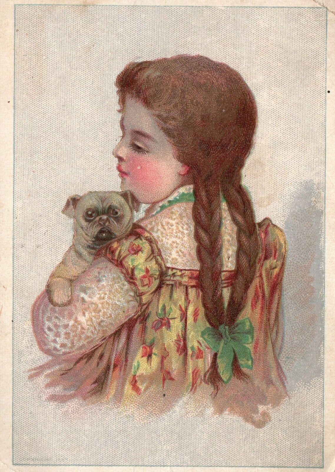 1880s-90s Young Holding Small Pug Dog Braided Hair Trade Card