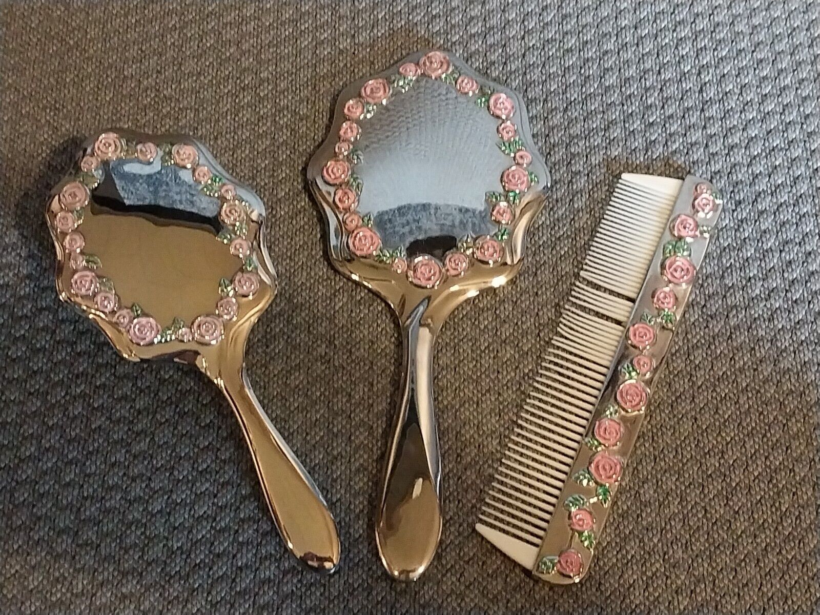 Vintage Godinger Mirror Brush & Comb Set Silver With Pink Flowers