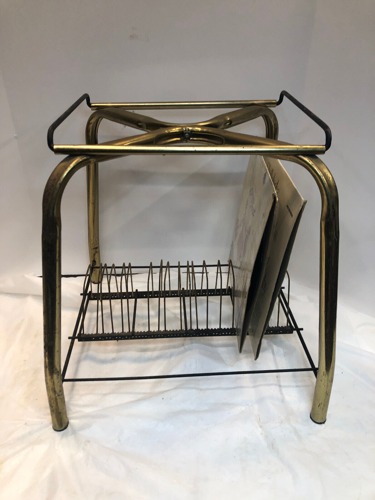 Vintage Record Player Stand Rack - Gold Adjustable Top MCM Mid Century