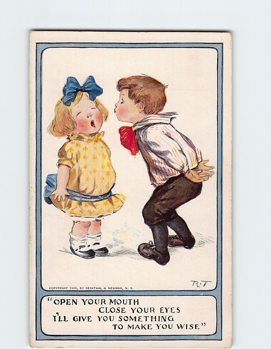 Postcard A Young Boy about to Kiss a Girl Art Print