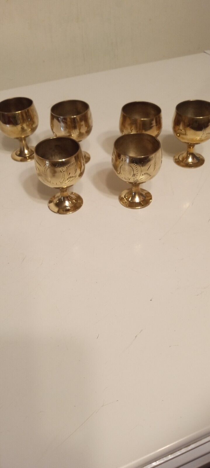 Antique Carved Brass Miniature Brandy/ Wine Goblets Set Of 6