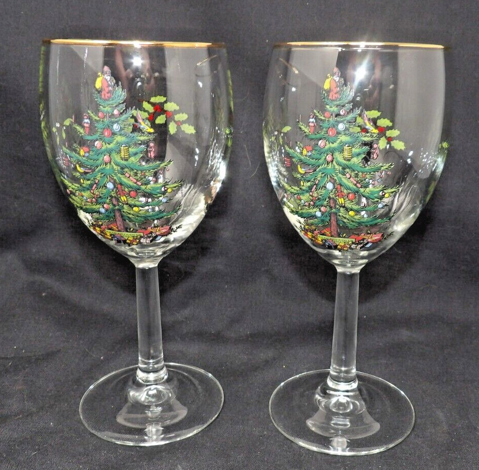 2 Spode Christmas Tree Pattern 12oz Wine  Gold Rim Glasses Goblets 7 1/4\