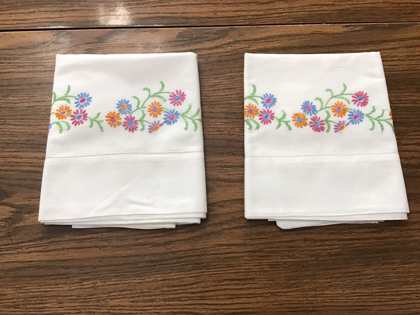 Vintage Pair Embroidered Cotton Pillowcases Floral Design 31” X 19”