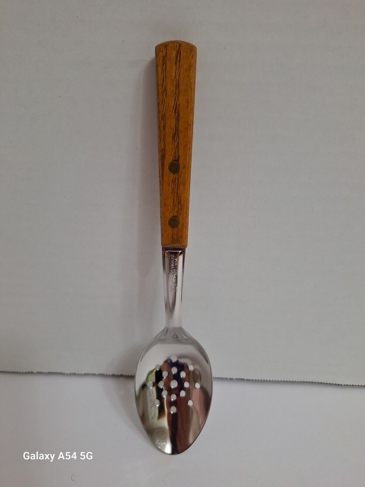 Vintage Ekco Pierced Serving Spoon Wood Handle Stainless Steel 9\
