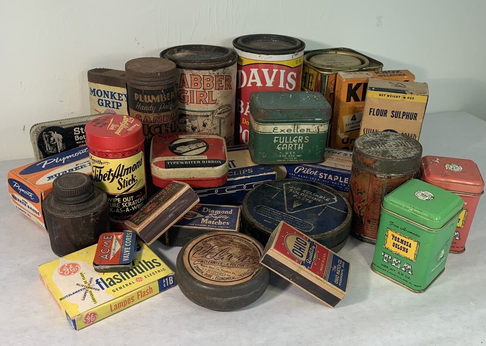 Vintage Antique Mixed Tin lot 26 household office workbench kitchen card stock
