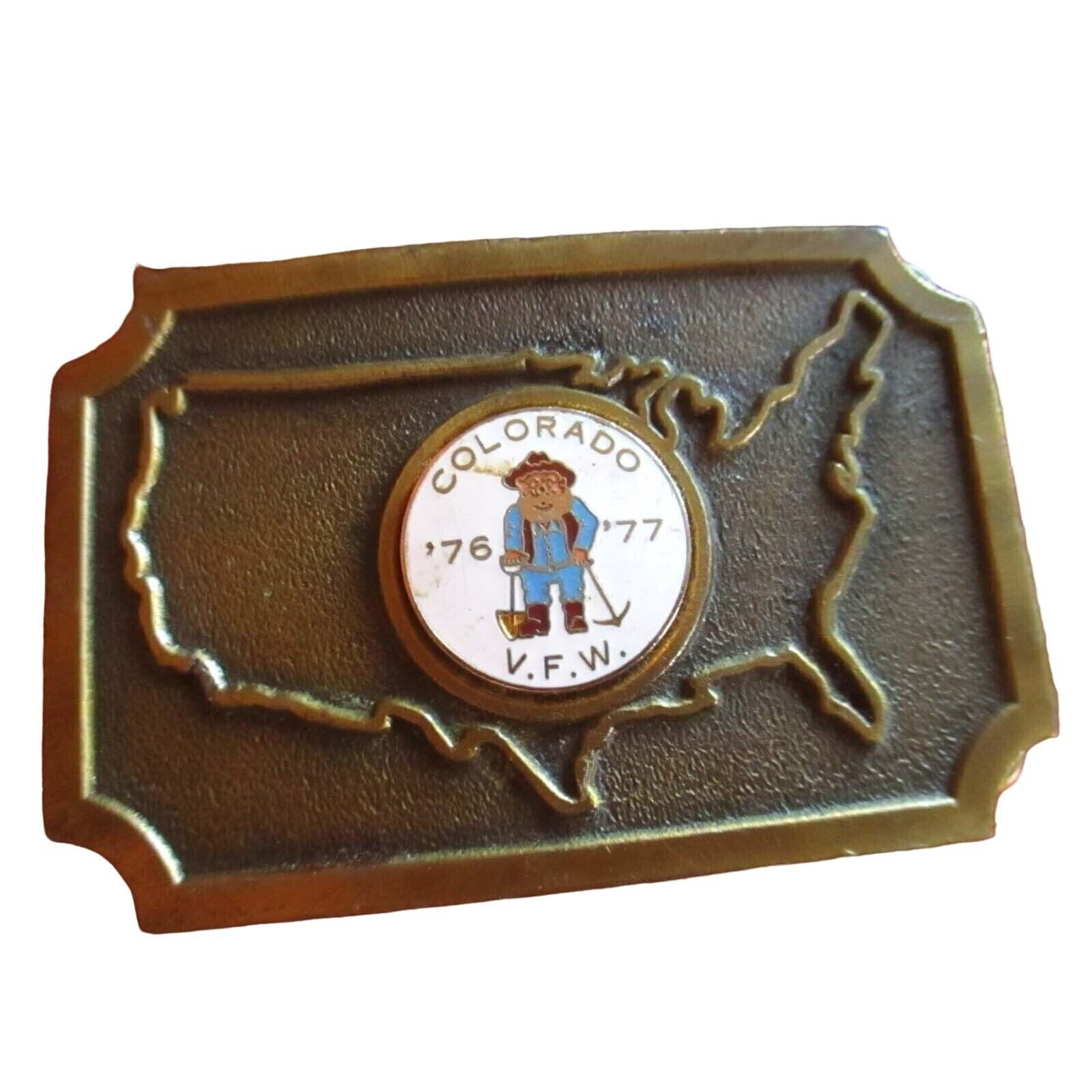Vintage Belt Buckle 1977 1970s COLORADO V.F.W. GOLD MINER ENAMELED BRASS 1.5\