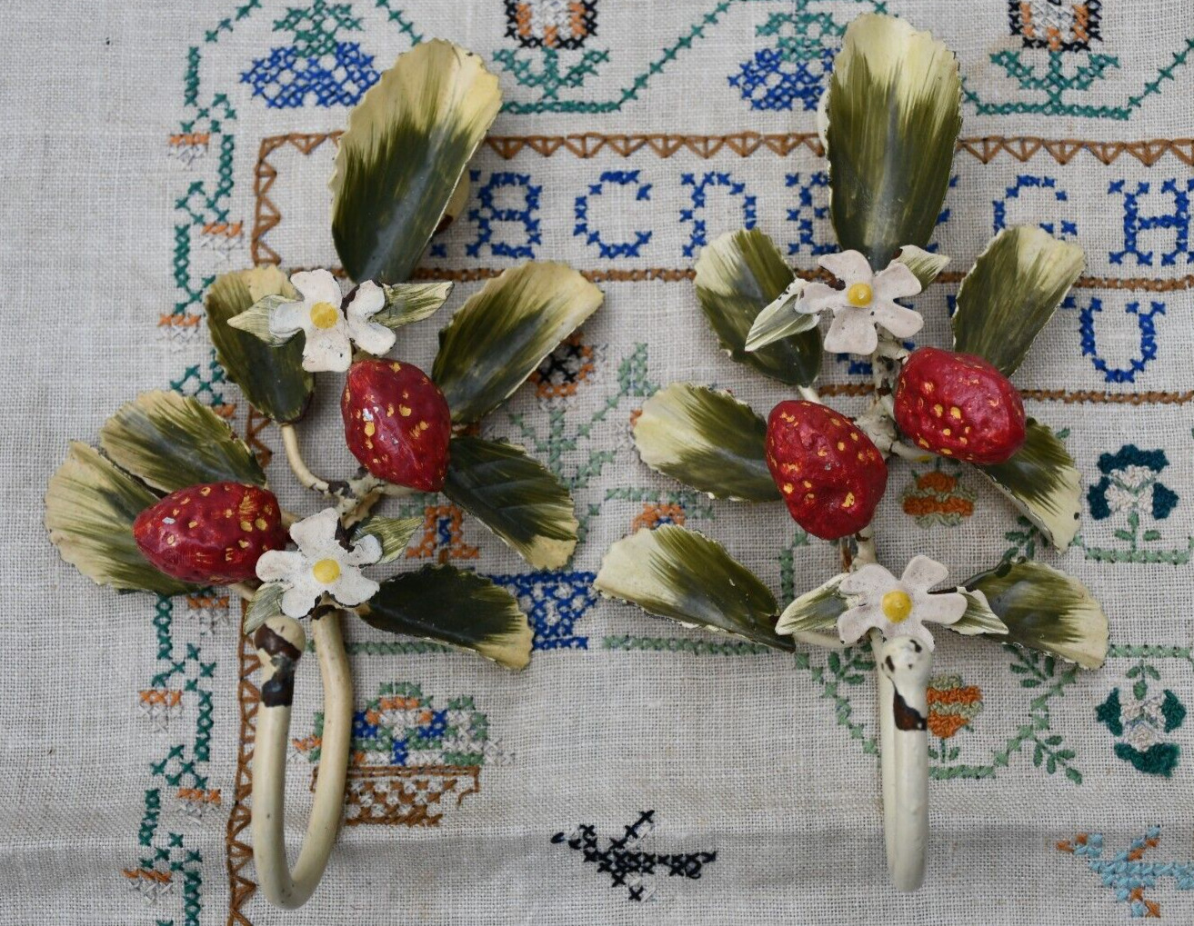 PAIR (2) Vintage Italian Tole Toleware Chippy Hooks Strawberry & White Blossoms