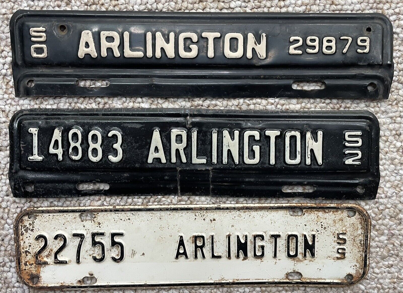 3 Arlington Virginia License Plate Toppers, 1950, ‘52, & ‘55, Vintage used