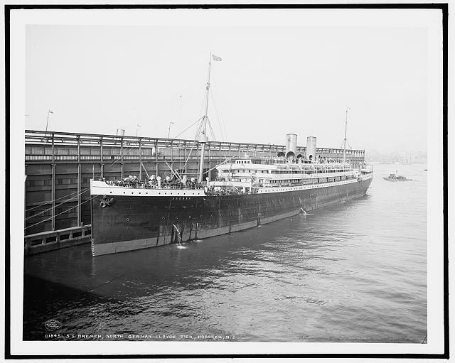 SS Bremen,North German Lloyd Pier,steamships,boats,Hoboken,New Jersey,NJ,c1905
