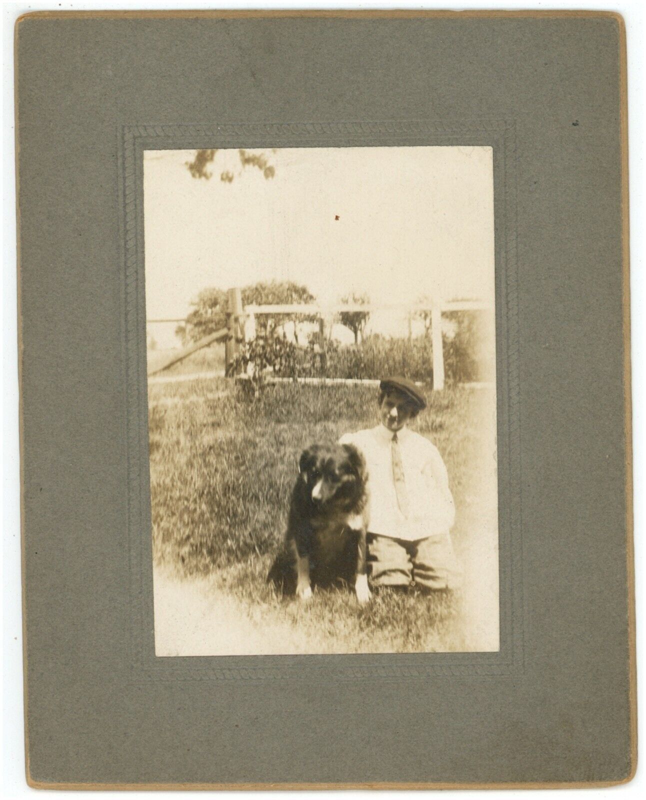 CIRCA 1900\'S RARE CABINET CARD Featuring Young Boy Wearing Hat With His Dog
