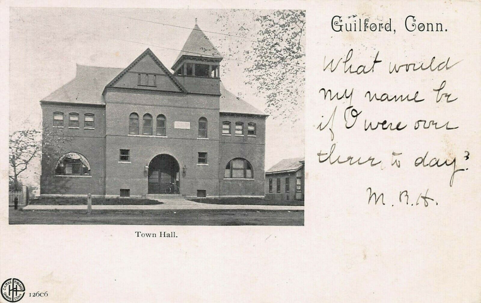 Town Hall, Guilford, Connecticut, Very Early Postcard, Used in 1905