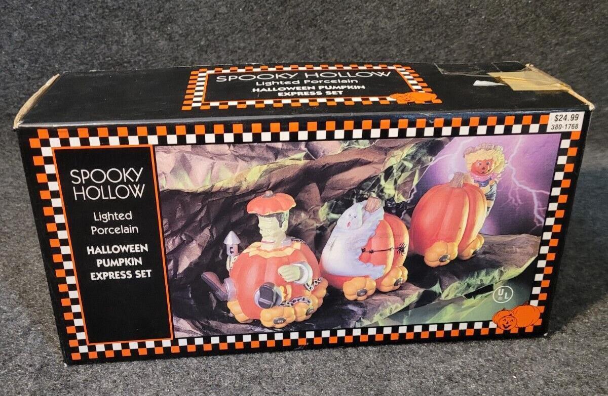 Spooky Hollow Lighted Porcelain Halloween Pumpkin Express Set 1997 w/ Box F9