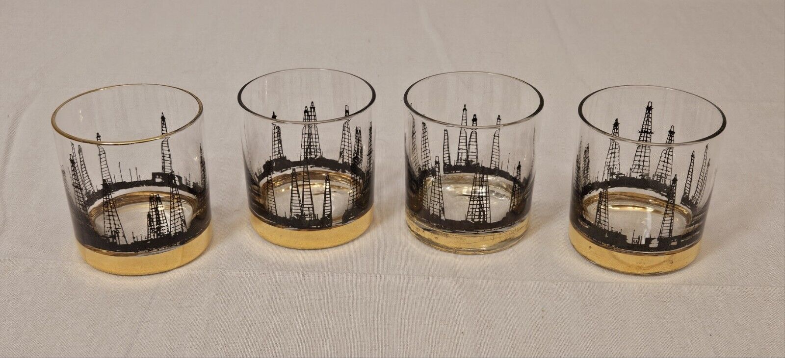 4 Black & Gold Oil Derrick Lowball Whiskey Glasses Lotus Culver Vintage
